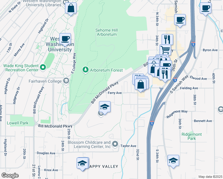 map of restaurants, bars, coffee shops, grocery stores, and more near 2901 Bill McDonald Parkway in Bellingham