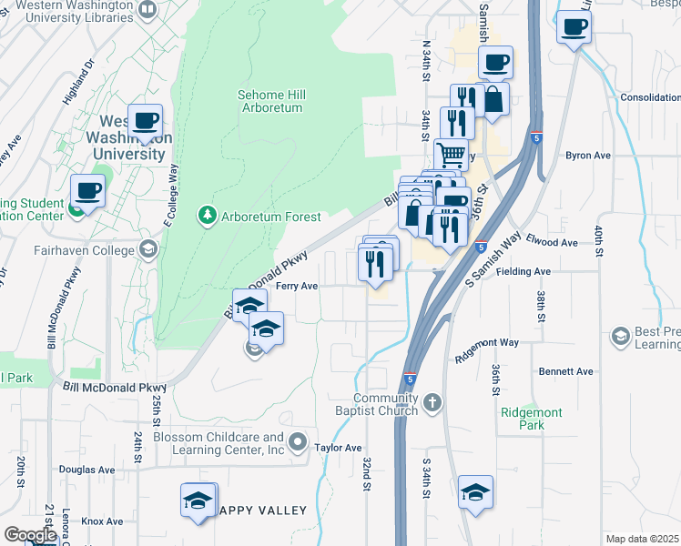 map of restaurants, bars, coffee shops, grocery stores, and more near 487 31st Street in Bellingham