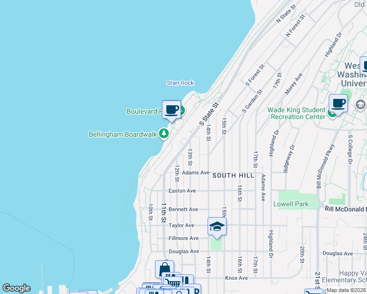 map of restaurants, bars, coffee shops, grocery stores, and more near 490 South State Street in Bellingham