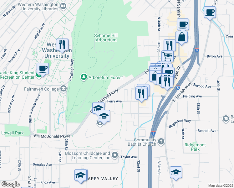 map of restaurants, bars, coffee shops, grocery stores, and more near 3000 Bill McDonald Parkway in Bellingham