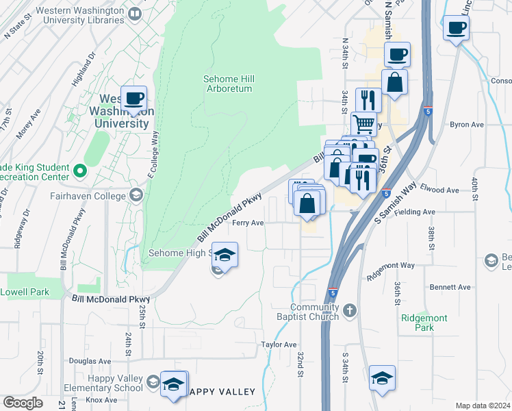 map of restaurants, bars, coffee shops, grocery stores, and more near 3000 Bill McDonald Parkway in Bellingham