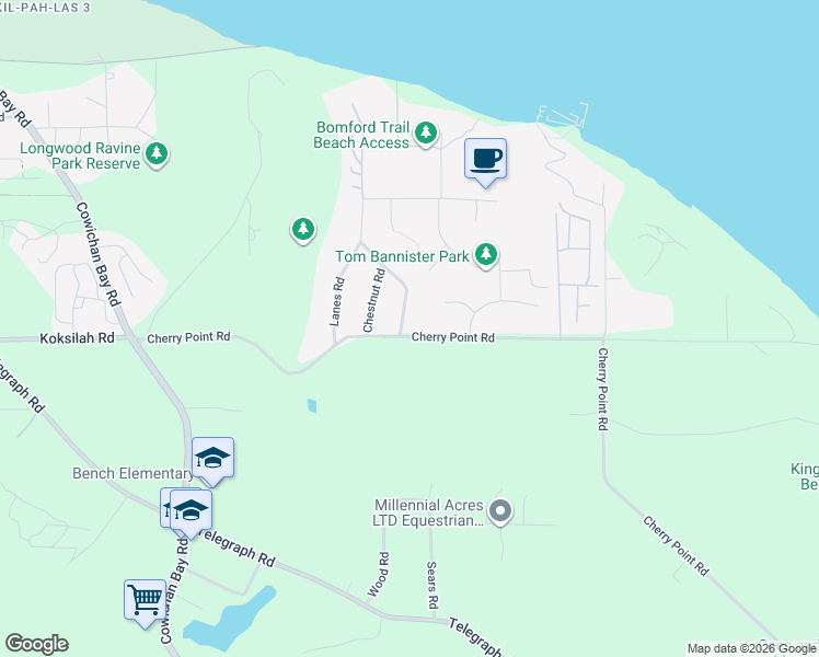 map of restaurants, bars, coffee shops, grocery stores, and more near 1371 Greenbrier Road in Cowichan Bay