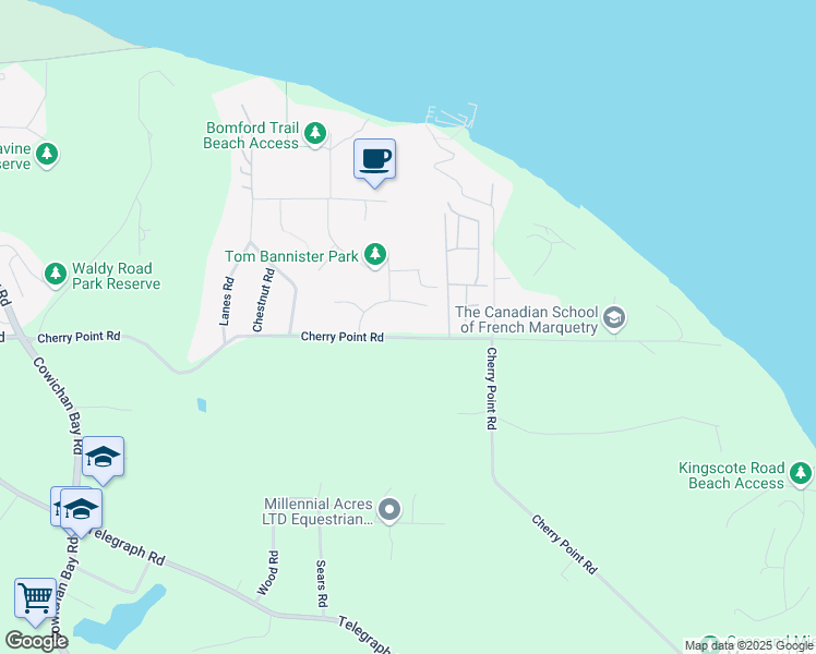 map of restaurants, bars, coffee shops, grocery stores, and more near 1309 Cherry Point Road in Cowichan Bay