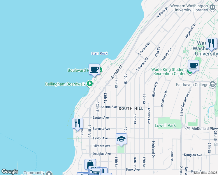 map of restaurants, bars, coffee shops, grocery stores, and more near 440 14th Street in Bellingham