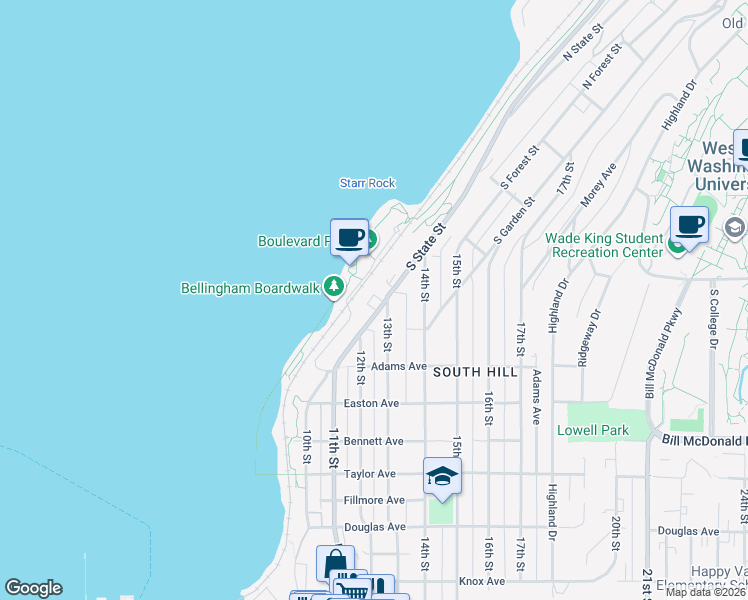 map of restaurants, bars, coffee shops, grocery stores, and more near 490 South State Street in Bellingham