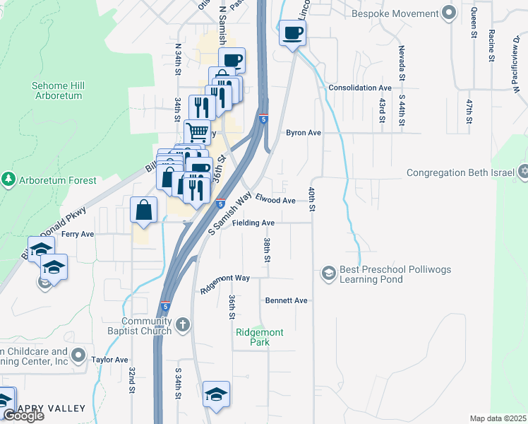 map of restaurants, bars, coffee shops, grocery stores, and more near 3735 Fielding Avenue in Bellingham