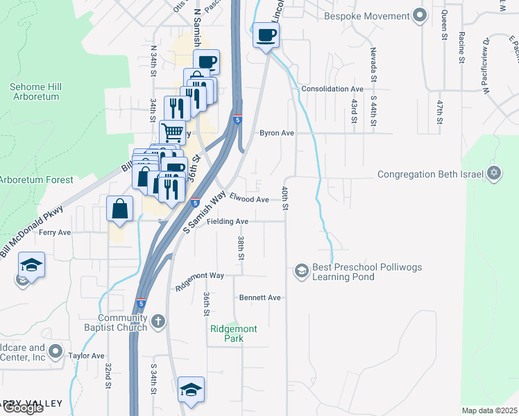 map of restaurants, bars, coffee shops, grocery stores, and more near 3821 Fielding Avenue in Bellingham