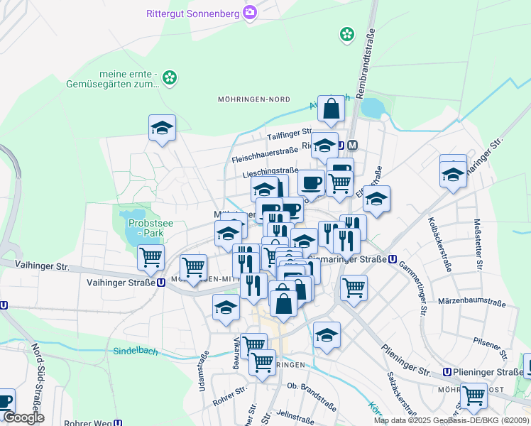 map of restaurants, bars, coffee shops, grocery stores, and more near 17 Probststraße in Stuttgart