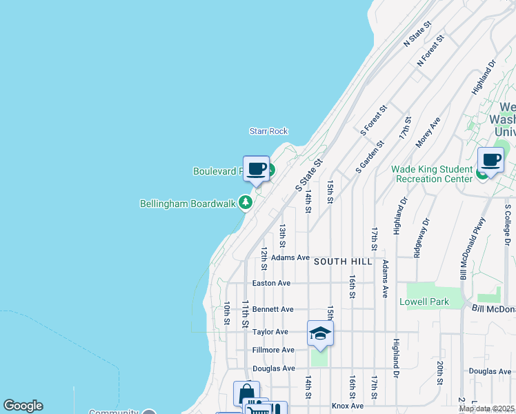 map of restaurants, bars, coffee shops, grocery stores, and more near Bayview Drive in Bellingham