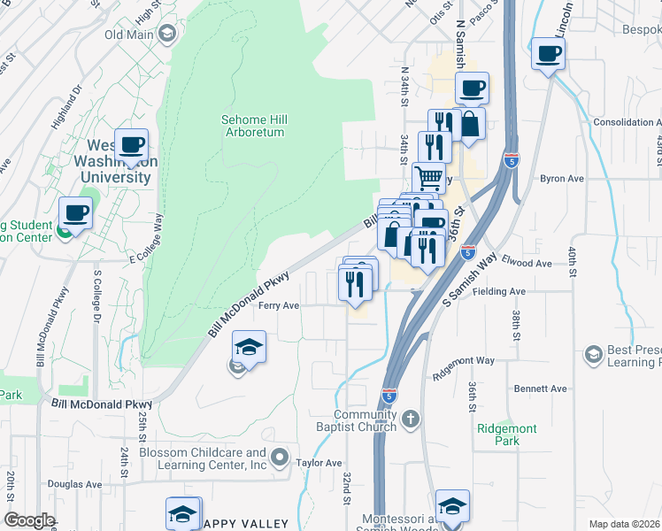 map of restaurants, bars, coffee shops, grocery stores, and more near 316 Elwood Court in Bellingham