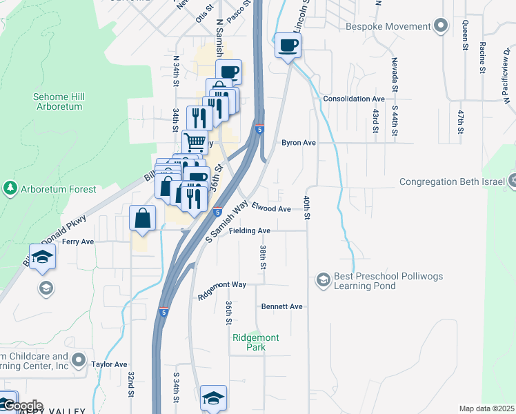 map of restaurants, bars, coffee shops, grocery stores, and more near 3735 Fielding Avenue in Bellingham