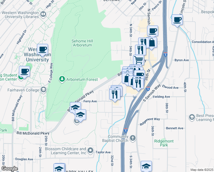 map of restaurants, bars, coffee shops, grocery stores, and more near 3120 Bill McDonald Parkway in Bellingham