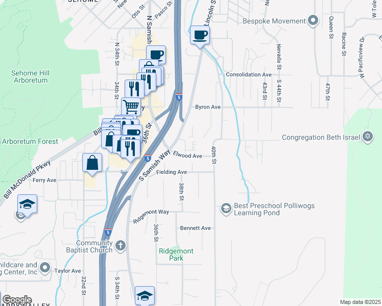 map of restaurants, bars, coffee shops, grocery stores, and more near 3821 Fielding Avenue in Bellingham