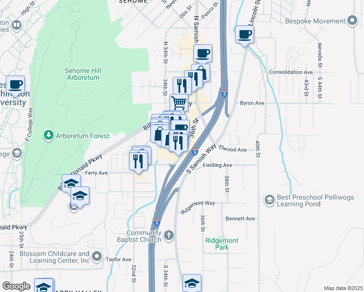 map of restaurants, bars, coffee shops, grocery stores, and more near 222 36th Street in Bellingham