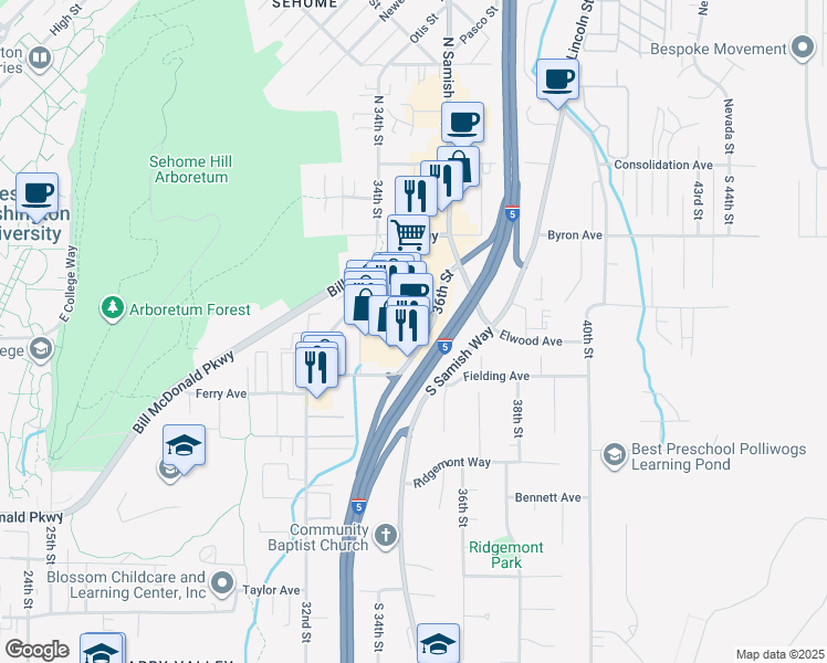 map of restaurants, bars, coffee shops, grocery stores, and more near 222 36th Street in Bellingham