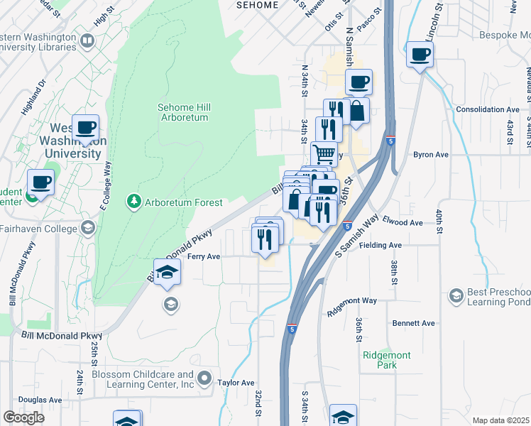 map of restaurants, bars, coffee shops, grocery stores, and more near 302 Bill McDonald Parkway in Bellingham