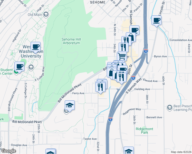 map of restaurants, bars, coffee shops, grocery stores, and more near 3120 Bill McDonald Parkway in Bellingham