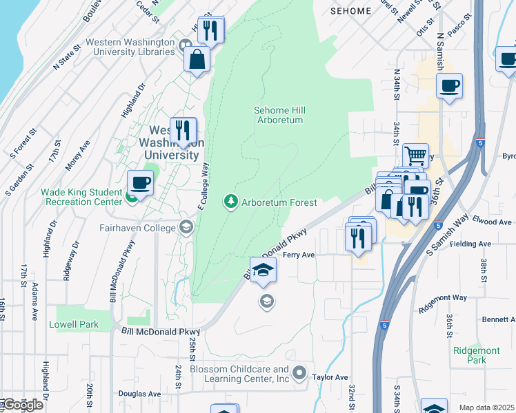 map of restaurants, bars, coffee shops, grocery stores, and more near Arboretum Drive in Bellingham