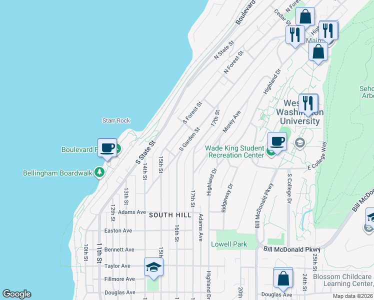 map of restaurants, bars, coffee shops, grocery stores, and more near 333 South Garden Street in Bellingham