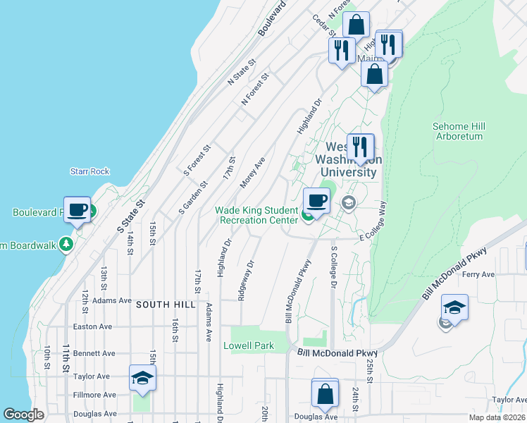 map of restaurants, bars, coffee shops, grocery stores, and more near 303 Highland Drive in Bellingham
