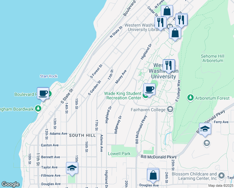 map of restaurants, bars, coffee shops, grocery stores, and more near 312 Highland Drive in Bellingham