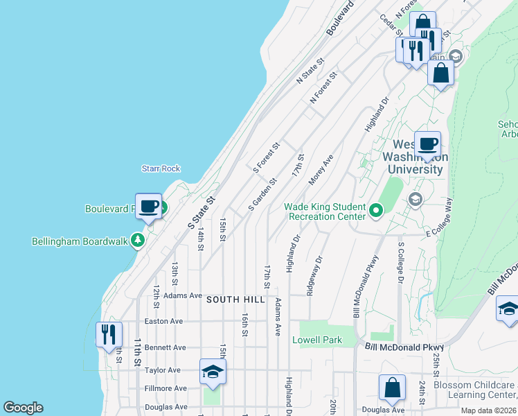 map of restaurants, bars, coffee shops, grocery stores, and more near 333 South Garden Street in Bellingham