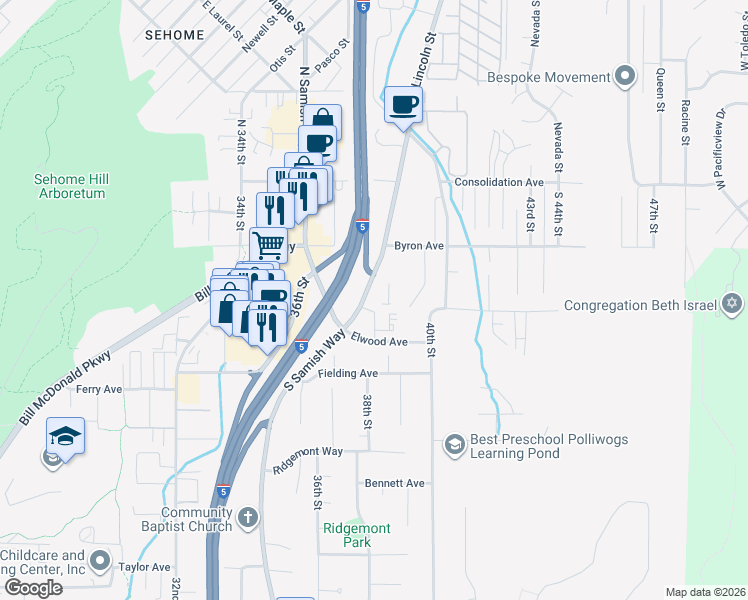 map of restaurants, bars, coffee shops, grocery stores, and more near 600 Lincoln Street in Bellingham