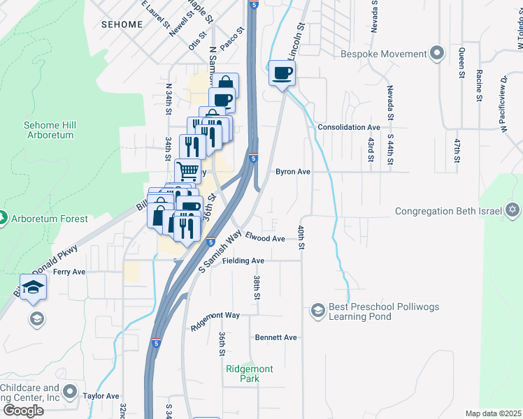 map of restaurants, bars, coffee shops, grocery stores, and more near 600 Lincoln Street in Bellingham