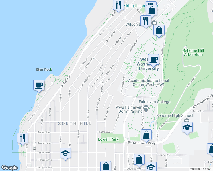 map of restaurants, bars, coffee shops, grocery stores, and more near 312 Highland Drive in Bellingham