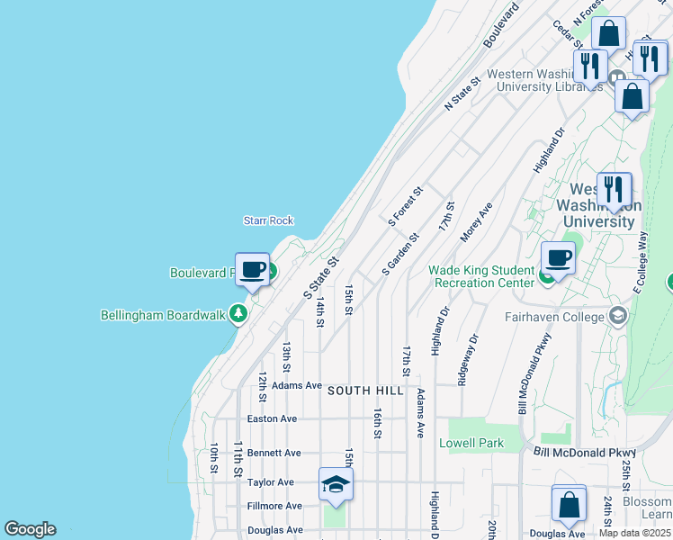 map of restaurants, bars, coffee shops, grocery stores, and more near 419 South State Street in Bellingham