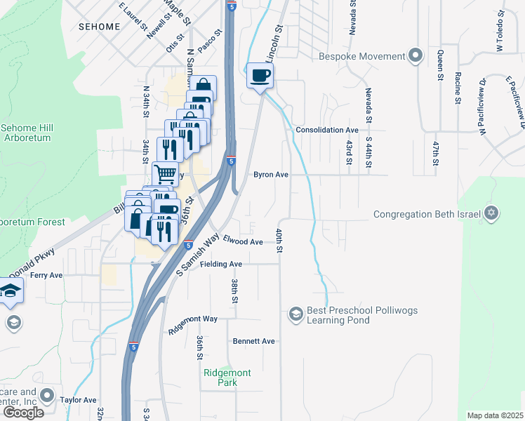 map of restaurants, bars, coffee shops, grocery stores, and more near 3904 Dumas Avenue in Bellingham