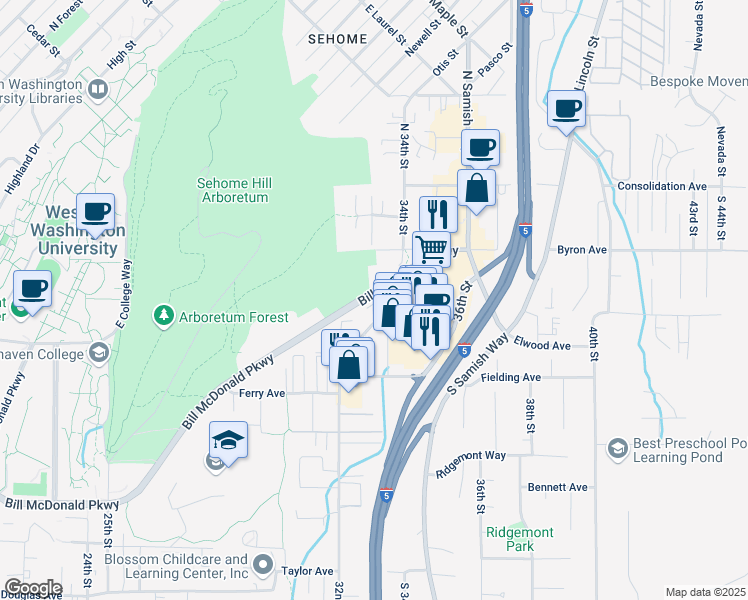 map of restaurants, bars, coffee shops, grocery stores, and more near 250 32nd Street in Bellingham