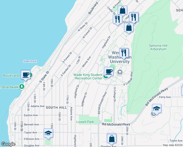 map of restaurants, bars, coffee shops, grocery stores, and more near 303 Highland Drive in Bellingham