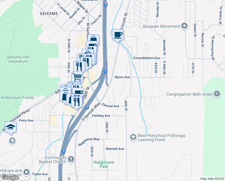 map of restaurants, bars, coffee shops, grocery stores, and more near 3904 Dumas Avenue in Bellingham