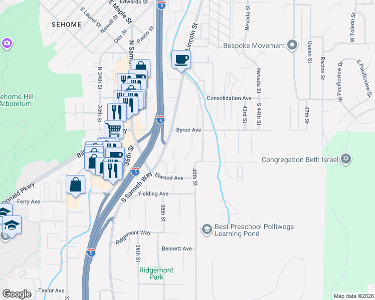 map of restaurants, bars, coffee shops, grocery stores, and more near 3966 Byron Avenue in Bellingham