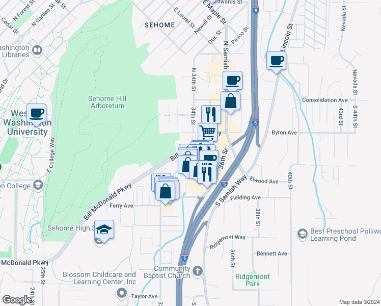 map of restaurants, bars, coffee shops, grocery stores, and more near 240 32nd Street in Bellingham