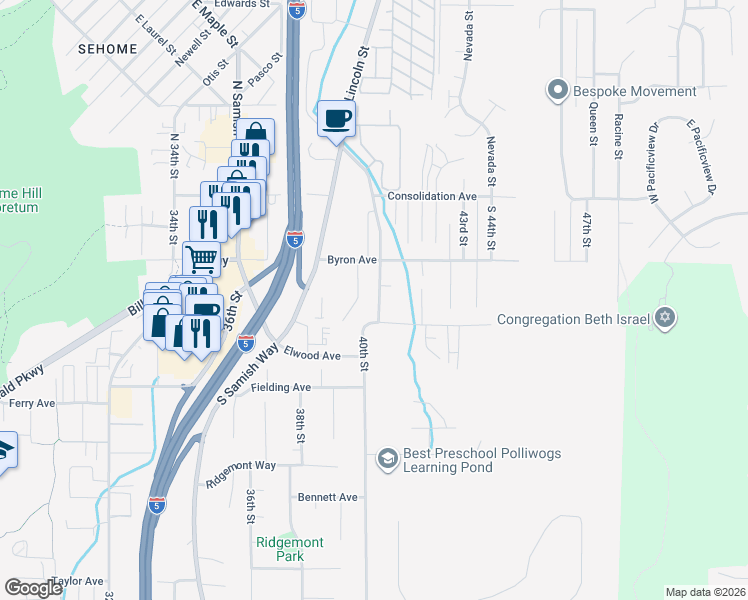 map of restaurants, bars, coffee shops, grocery stores, and more near 230 South Ashley Street in Bellingham
