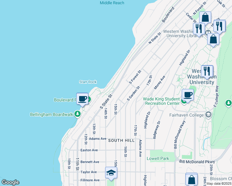 map of restaurants, bars, coffee shops, grocery stores, and more near 419 South State Street in Bellingham