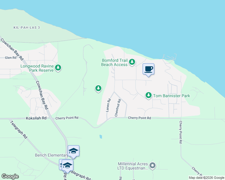 map of restaurants, bars, coffee shops, grocery stores, and more near 4536 Lanes Road in Cowichan Bay