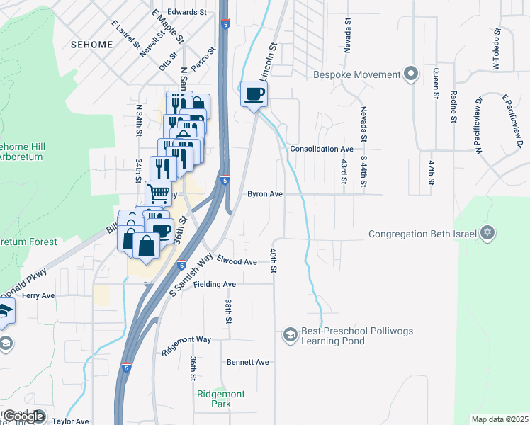 map of restaurants, bars, coffee shops, grocery stores, and more near 3962 Byron Avenue in Bellingham