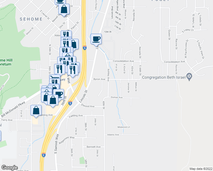 map of restaurants, bars, coffee shops, grocery stores, and more near 3962 Byron Avenue in Bellingham