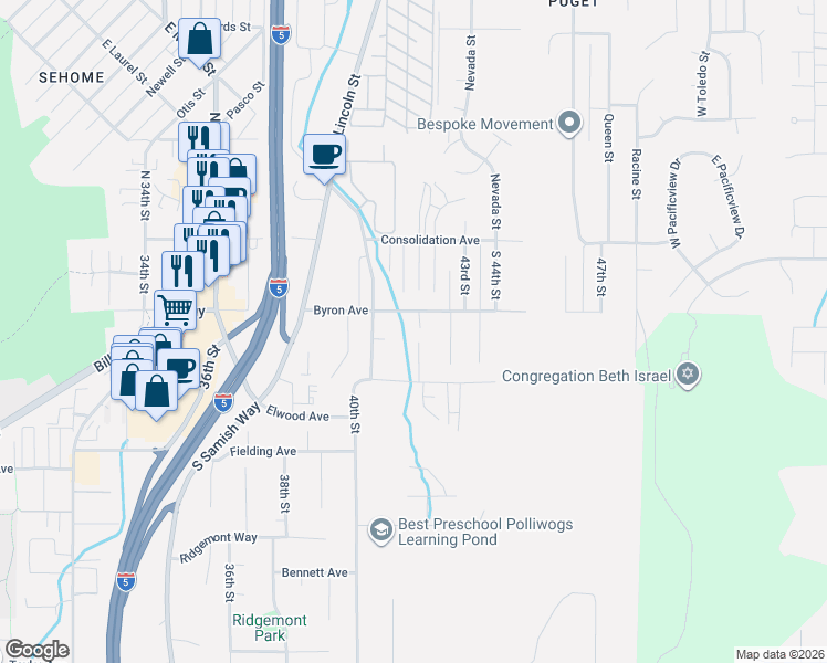 map of restaurants, bars, coffee shops, grocery stores, and more near 201 South 42nd Street in Bellingham