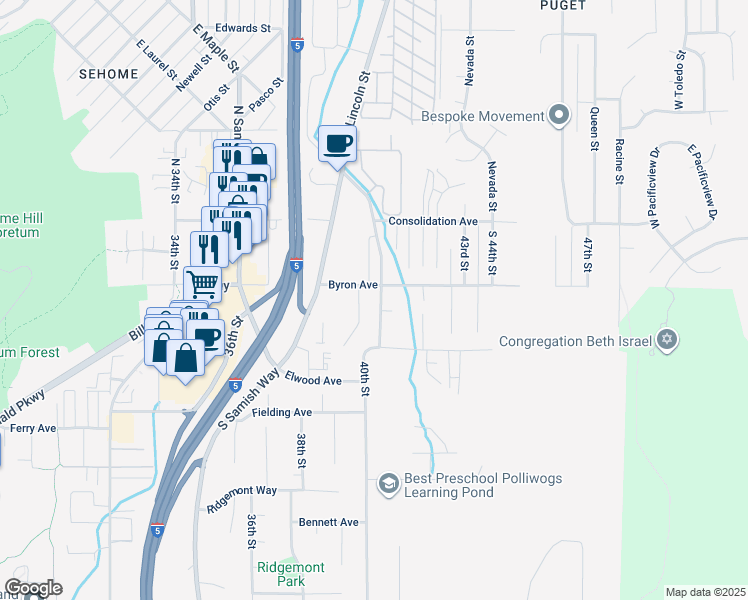 map of restaurants, bars, coffee shops, grocery stores, and more near 3962 Byron Avenue in Bellingham
