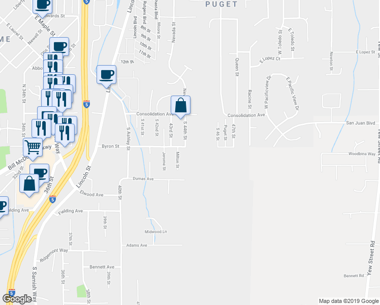map of restaurants, bars, coffee shops, grocery stores, and more near 210 South 44th Street in Bellingham