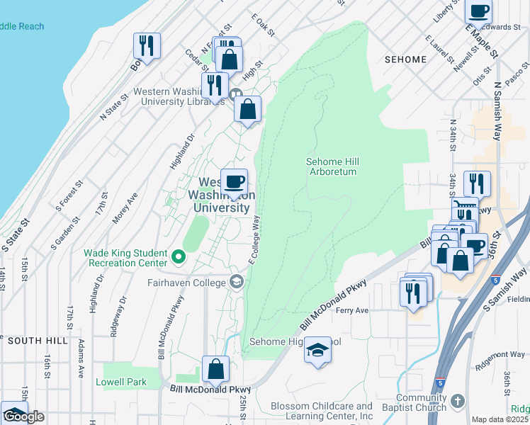 map of restaurants, bars, coffee shops, grocery stores, and more near in Bellingham