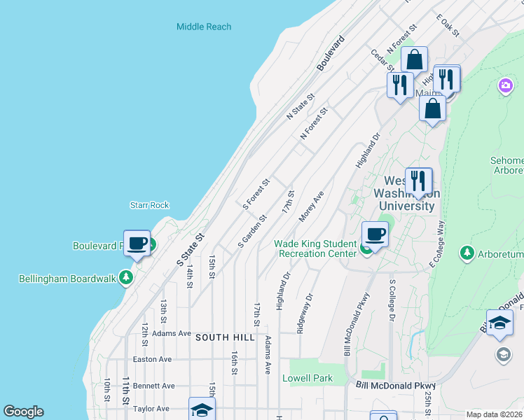 map of restaurants, bars, coffee shops, grocery stores, and more near 247 South Forest Street in Bellingham