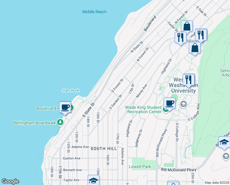 map of restaurants, bars, coffee shops, grocery stores, and more near 247 South Forest Street in Bellingham