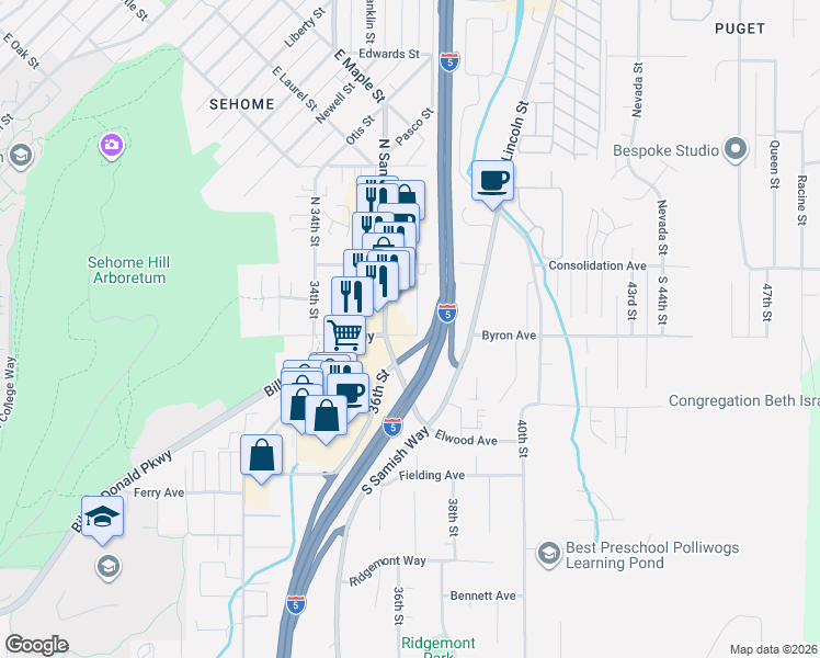 map of restaurants, bars, coffee shops, grocery stores, and more near 3600 Byron Avenue in Bellingham