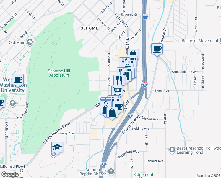 map of restaurants, bars, coffee shops, grocery stores, and more near in Bellingham