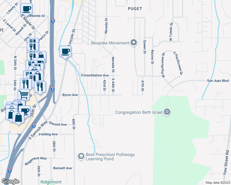 map of restaurants, bars, coffee shops, grocery stores, and more near 210 South 44th Street in Bellingham